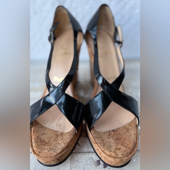 Christian Louboutin Black Patent Cork Wedge Sandals Size 38 - Picture 3 of 8